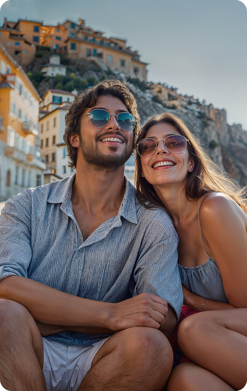 Pareja sentada mirando y sonriendo con pueblo de fondo