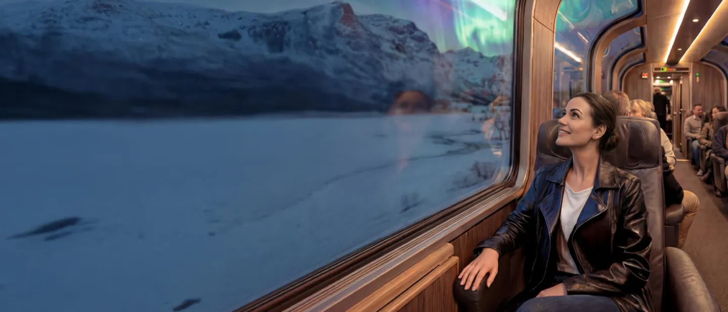 Mujer en un tren mirando por la ventana