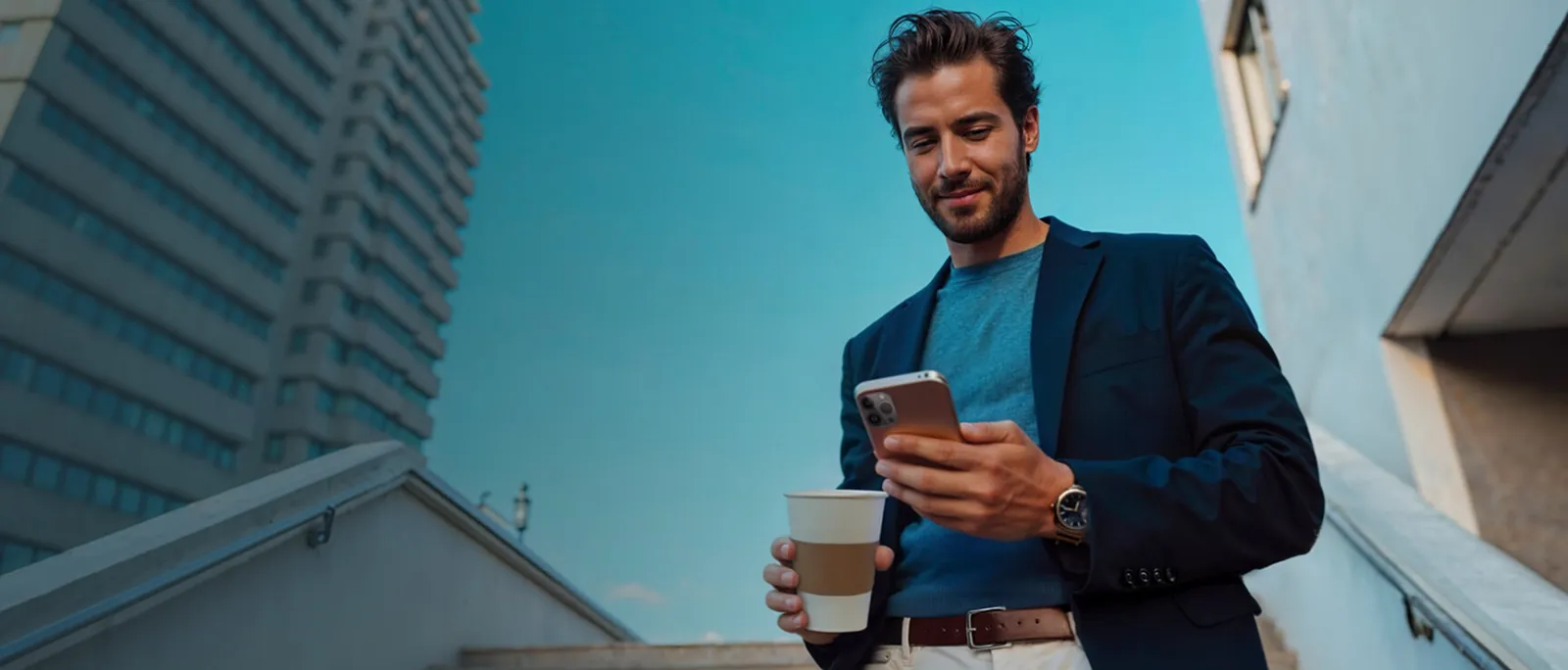 Hombre joven sonriendo mirando el teléfono